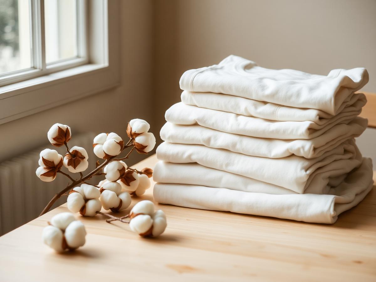 Cotton essentials online Belgium — folded white Spring Coton cotton t-shirts beside cotton bolls